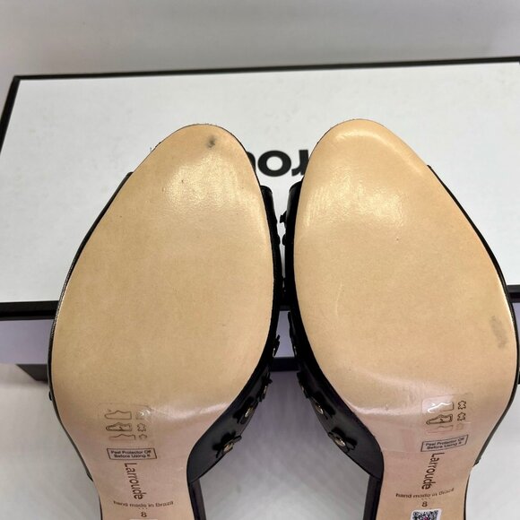 Larroude Jasmine Black Studded Leather Mule Size 8 Peep Toe Heel Slip-On - Picture 3 of 16